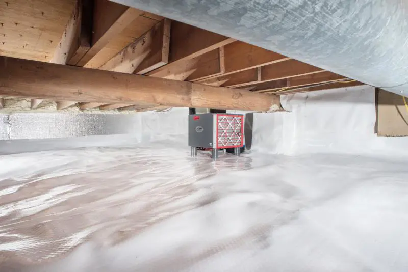 Photo of SaniDRY dehumidifier installed in a crawl space that has been protected against water intrusion by Basements Plus.