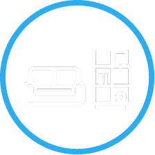 Icon with white outline of sofa and bookshelf within a blue circle representing basement finishing.