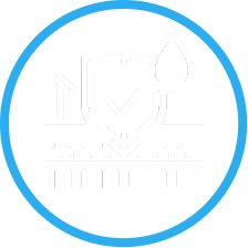 Icon with white outline of a shield containing a checkmark next to a water drop on top of foundation within a blue circle representing crawl space services.