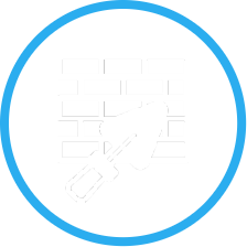 Icon with white outline of a trowel in front of bricks within a blue circle representing foundation repair services.