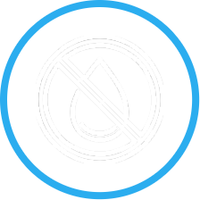 Icon with white outline of a water drop within a prohibition sign within a blue circle representing waterproofing services.