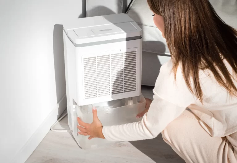 Photo of a woman emptying the reservoir of a dehumidifier.