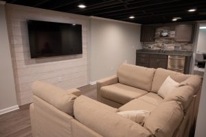 Cozy Sofa in Finished Basement Living Room